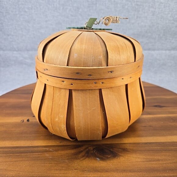 Woven Wood 8.5” PUMPKIN‎ W/ Autumn Stem 2 Piece : Thanksgiving Halloween Basket - Picture 1 of 8